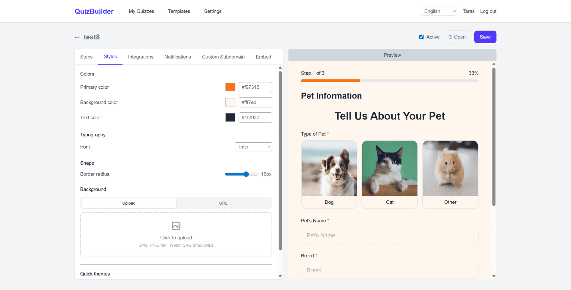 Quiz editor - Styles