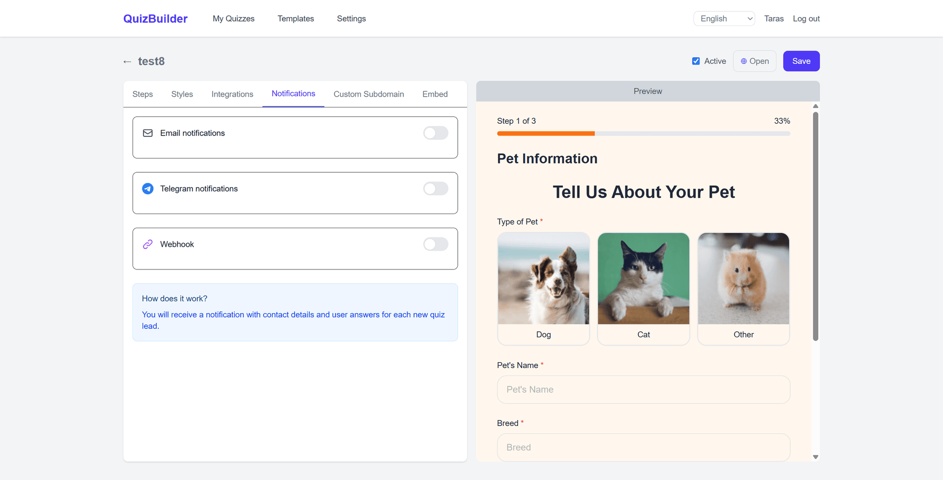 Quiz editor - Notifications