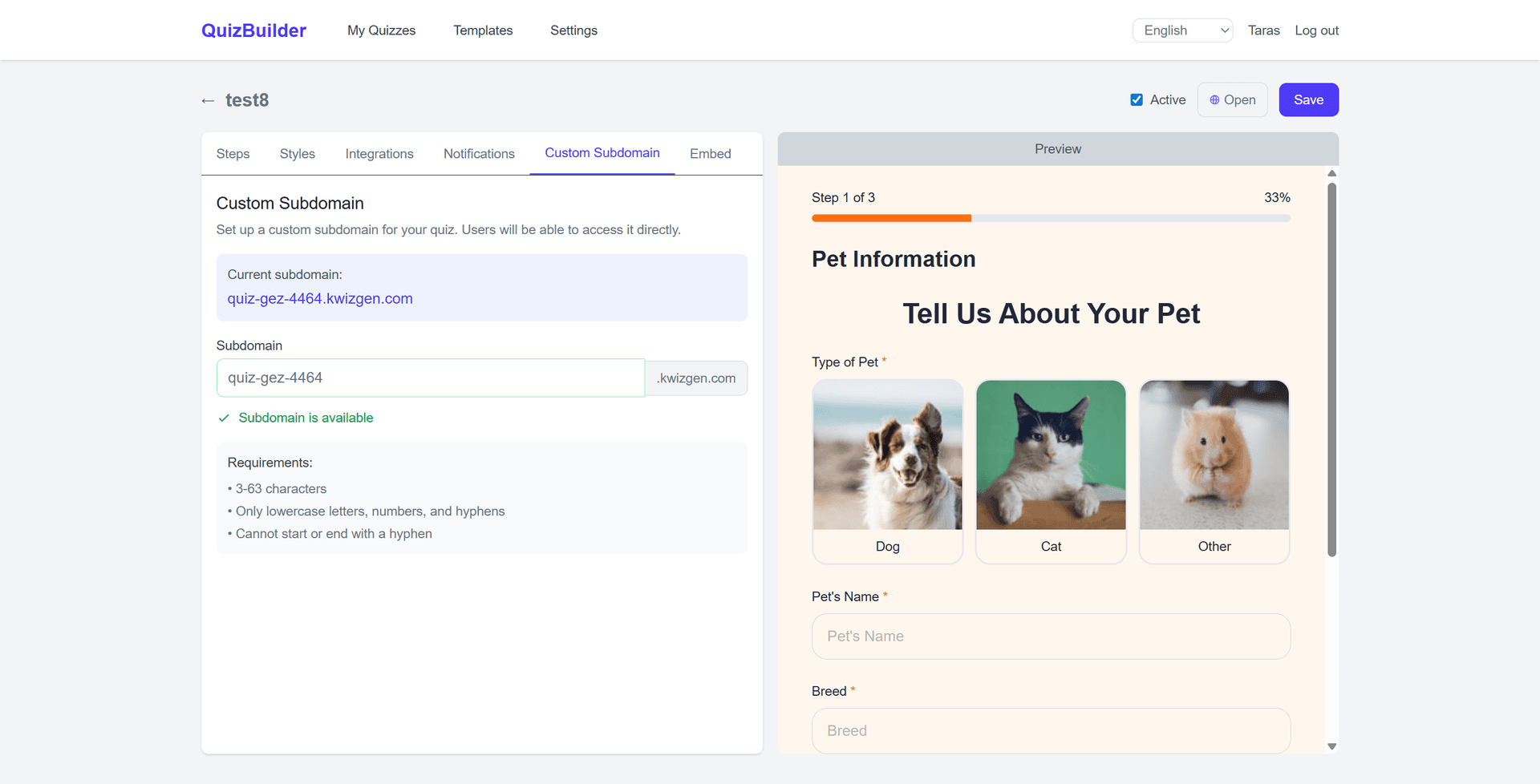 Quiz editor - Subdomain